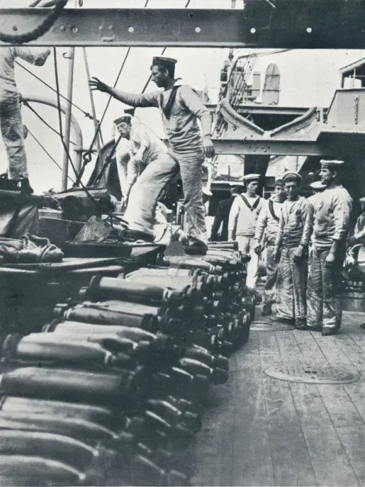 Framed Print : Receiving shells for the naval guns on the deck of a battleship, c1914 Framed Print : Receiving shells for the naval guns on the deck of a battleship, c1914