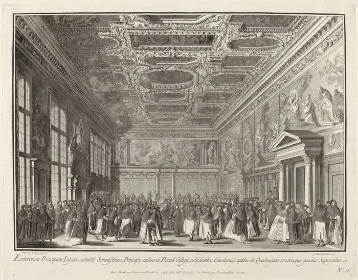 Framed Print : Reception by the Doge of Foreign Ambassadors in the Sala del Collegio, 1763 / 1766 Framed Print : Reception by the Doge of Foreign Ambassadors in the Sala del Collegio, 1763 / 1766