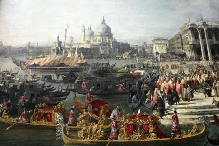 Framed Print : Reception of the French Ambassador in Venice, 1726-1727. Artist: Canaletto