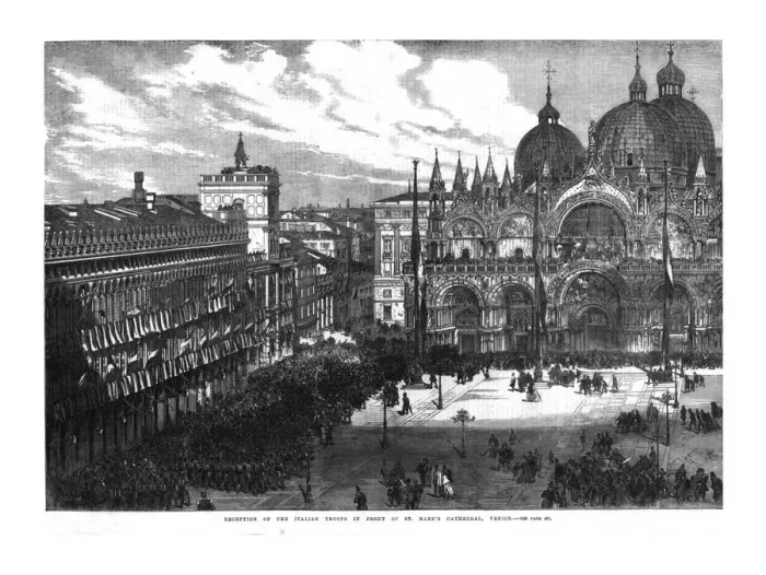 Framed Print : Reception of the Italian Troops in front of St. Marks Cathedral, Venice, 1866 Framed Print : Reception of the Italian Troops in front of St. Marks Cathedral, Venice, 1866
