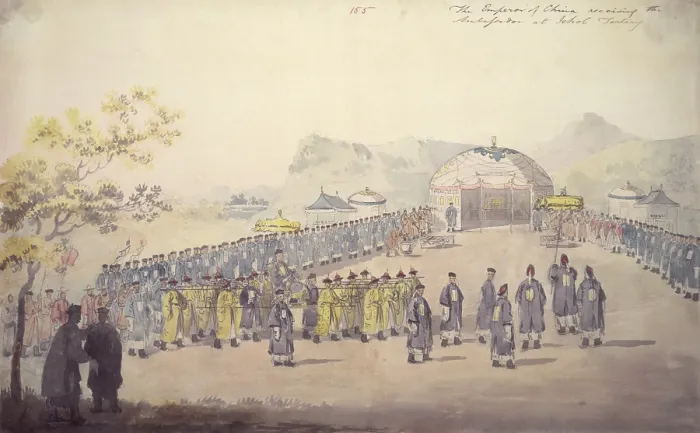 Framed Print : The reception of Lord Macartney by the Qianlong emperor at Jehol (Chengde, China) in 1793, (1796). Creator: William Alexander Framed Print : The reception of Lord Macartney by the Qianlong emperor at Jehol (Chengde, China) in 1793, (1796). Creator: William Alexander