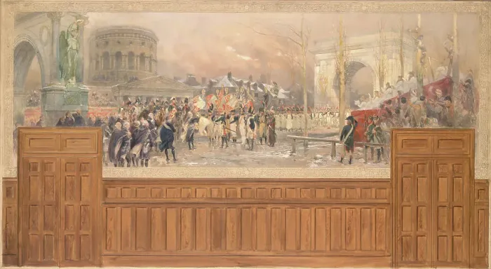 Framed Print : Réception par la municipalité de Paris, à la barrière de la Villette, des troupes... c.1901-1902. Creator: Jean Baptiste Edouard Detaille Framed Print : Réception par la municipalité de Paris, à la barrière de la Villette, des troupes... c.1901-1902. Creator: Jean Baptiste Edouard Detaille