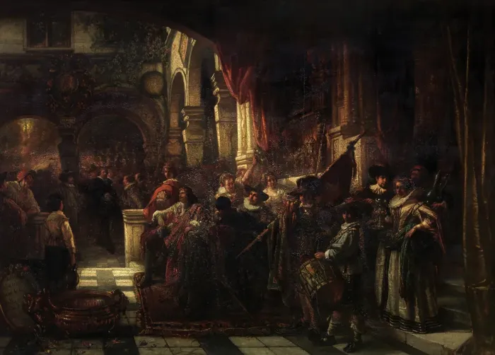 Framed Print : The Reception of Peter Paul Rubens by the Antwerp Arquebusiers, 1851. Creator: Jan August Hendrik Leys Framed Print : The Reception of Peter Paul Rubens by the Antwerp Arquebusiers, 1851. Creator: Jan August Hendrik Leys