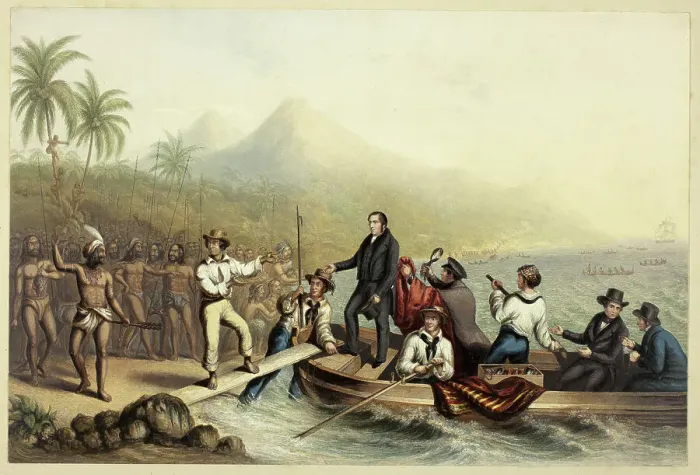 Framed Print : The Reception of the Rev. J. Williams, at Tanna in the South Seas, the Day Before He was... 1841. Creator: George Baxter Framed Print : The Reception of the Rev. J. Williams, at Tanna in the South Seas, the Day Before He was... 1841. Creator: George Baxter
