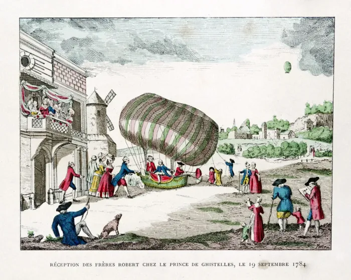 Framed Print : Reception of the Robert Brothers by the Prince of Ghistelles in 1784, (1887). Artist: Gaston Tissandier Framed Print : Reception of the Robert Brothers by the Prince of Ghistelles in 1784, (1887). Artist: Gaston Tissandier