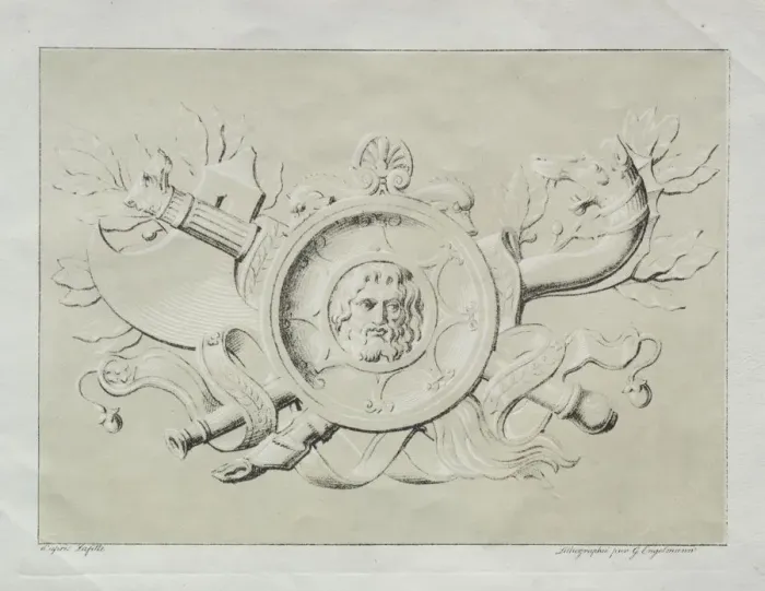 Framed Print : Receuil dessais lithographiques: Un trophee, c. 1816. Creator: Godefroy Engelmann (French Framed Print : Receuil dessais lithographiques: Un trophee, c. 1816. Creator: Godefroy Engelmann (French