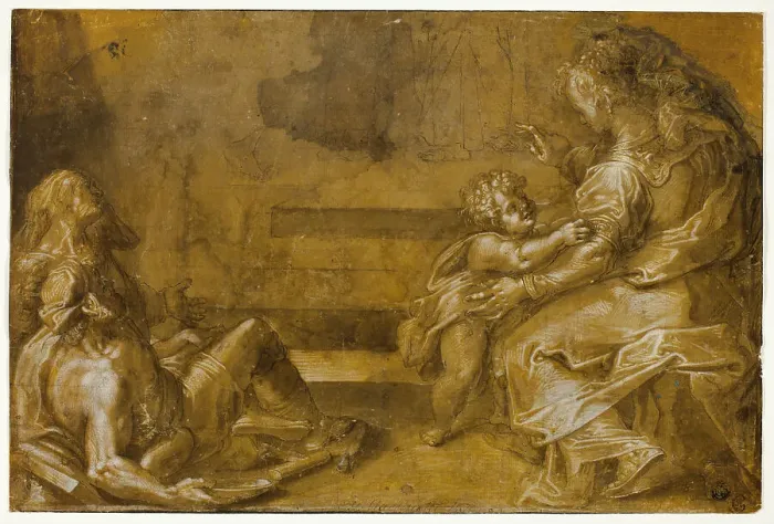 Framed Print : Two Reclining Beggars, and Seated Mother and Child, at Foot of Steps, n.d. Creator: Girolamo Macchietti Framed Print : Two Reclining Beggars, and Seated Mother and Child, at Foot of Steps, n.d. Creator: Girolamo Macchietti