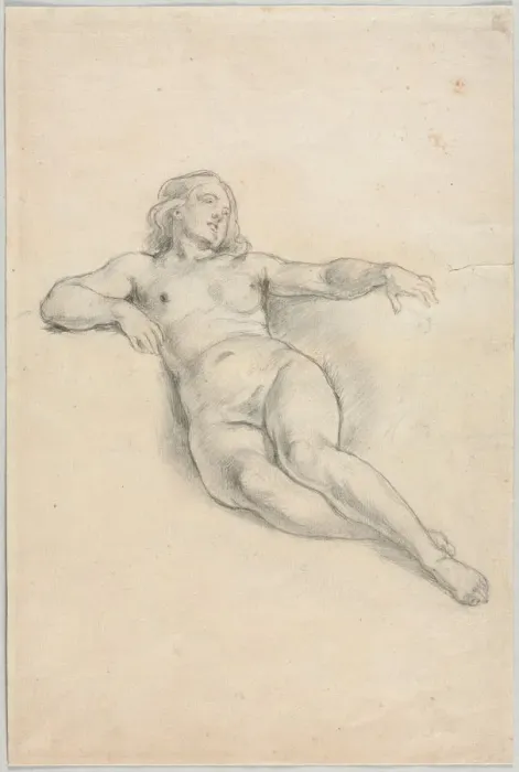 Framed Print : Reclining Female Nude (recto); Various Sketches of Figures and Plants (verso), 19th century Framed Print : Reclining Female Nude (recto); Various Sketches of Figures and Plants (verso), 19th century