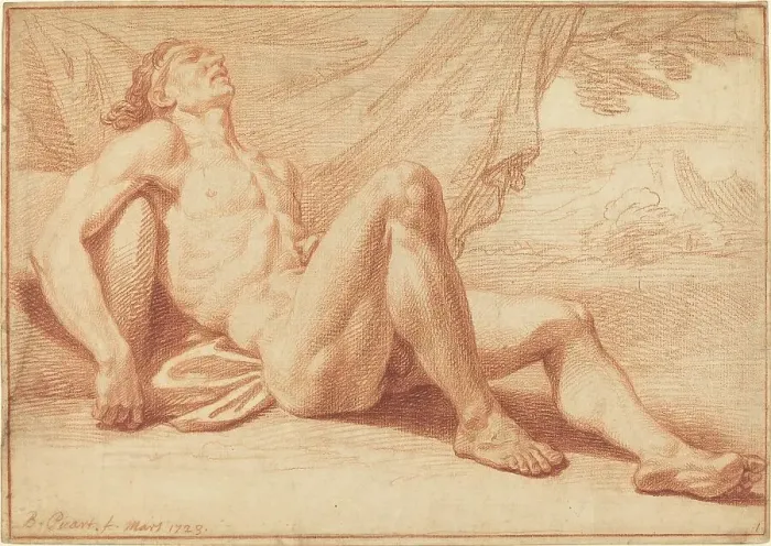 Framed Print : A Reclining Male Nude, 1723. Creators: Bernard Picart, Nicolas Boileau Despreaux Framed Print : A Reclining Male Nude, 1723. Creators: Bernard Picart, Nicolas Boileau Despreaux