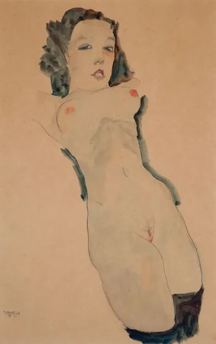 Framed Print : Reclining Nude with Black Stockings. Artist: Schiele, Egon (1890?1918)