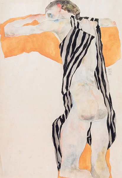 Reclining Nude Girl in Striped Smock, 1911. Creator: Schiele, Egon (1890-1918)