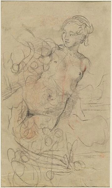 A Reclining Nude with Her Right Arm Raised over a Swift Composition Study [verso], c. 1763. Creator: Jean-Baptiste Deshays