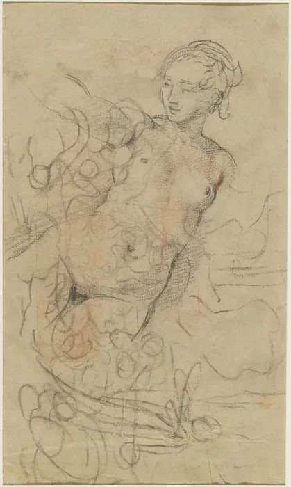 Framed Print : A Reclining Nude with Her Right Arm Raised over a Swift Composition Study [verso], c. 1763. Creator: Jean-Baptiste Deshays
