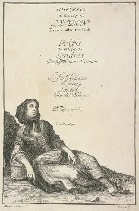 Framed Print : Reclining woman with a basket, Cries of London, (c1688?). Artist: Pierce Tempest Framed Print : Reclining woman with a basket, Cries of London, (c1688?). Artist: Pierce Tempest