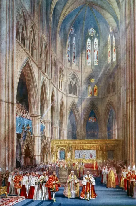 Framed Print : The Recognition, George VIs coronation ceremony, Westminster Abbey, London, 12 May 1937. Artist: Henry Charles Brewer Framed Print : The Recognition, George VIs coronation ceremony, Westminster Abbey, London, 12 May 1937. Artist: Henry Charles Brewer
