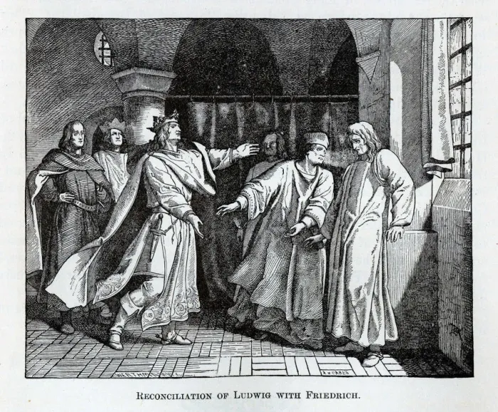 Framed Print : Reconciliation of Ludwig with Friedrich, 1882. Artist: Werthmann, Wilhelm (active 1854-1885) Framed Print : Reconciliation of Ludwig with Friedrich, 1882. Artist: Werthmann, Wilhelm (active 1854-1885)