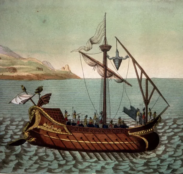 Framed Print : Reconstruction of a Roman ship El Corvo di Duillio, from customs and manners of the people Framed Print : Reconstruction of a Roman ship El Corvo di Duillio, from customs and manners of the people