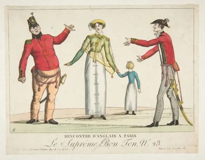 Framed Print : Recontre d Anglais a Paris;Le Supreme Bon-Ton No. 23, ca. 1815 Framed Print : Recontre d Anglais a Paris;Le Supreme Bon-Ton No. 23, ca. 1815