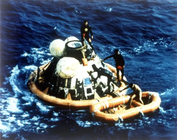 Framed Print : Recovery of command module Columbia in the Pacific Ocean, Apollo II mission, 24 July 1969 Framed Print : Recovery of command module Columbia in the Pacific Ocean, Apollo II mission, 24 July 1969