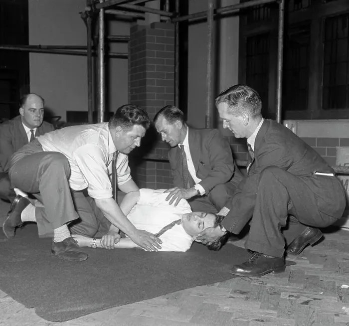 Framed Print : Recovery position, East Midland Gas Board training, 1961. Artist: Michael Walters Framed Print : Recovery position, East Midland Gas Board training, 1961. Artist: Michael Walters