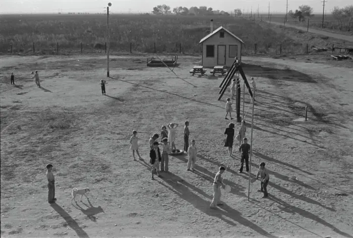Framed Print : Recreational facilities for the children, Kern migrant camp, California, 1936. Creator: Dorothea Lange Framed Print : Recreational facilities for the children, Kern migrant camp, California, 1936. Creator: Dorothea Lange