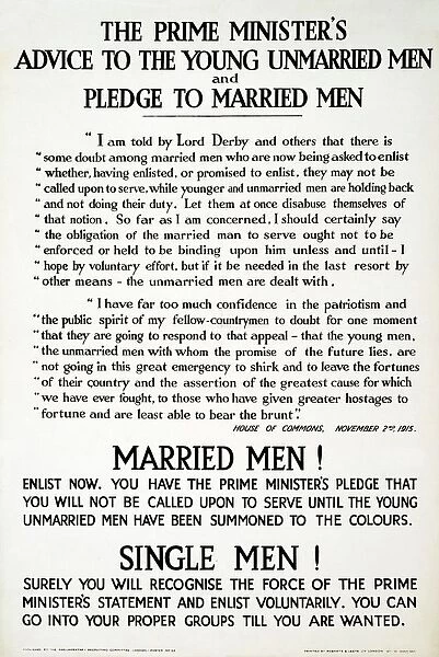 Recruitment Poster The Prime Ministers Advise to the Young Unmarried Men and Pledge