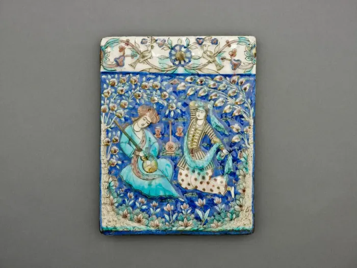 Framed Print : Rectangular Tile with Musician and Dancer, Qajar dynasty (1796-1925), 19th century Framed Print : Rectangular Tile with Musician and Dancer, Qajar dynasty (1796-1925), 19th century