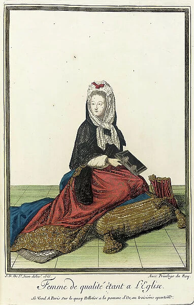Recueil des modes de la cour de France, Femme de Qualité Êtant a L'Eglise, 1685. Creator: Jean de Dieu