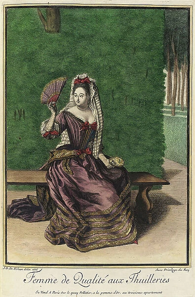 Recueil des modes de la cour de France, Femme de Qualité aux Thuilleries, 1686. Creator: Jean de Dieu