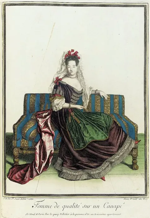 Framed Print : Recueil des modes de la cour de France, Femme de Qualité sur un Canapé, 1686. Creator: Jean de Dieu Framed Print : Recueil des modes de la cour de France, Femme de Qualité sur un Canapé, 1686. Creator: Jean de Dieu