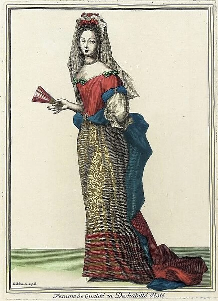 Recueil des modes de la cour de France, Femme de Qualité en Deshabillé d'Esté, Bound 1703-1704. Creator: Jean I Leblond