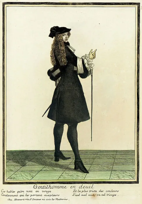 Framed Print : Recueil des modes de la cour de France, Gentilhomme en Deuil, Bound 1703-1704. Creators: Henri Bonnart, Jean-Baptiste Bonnart Framed Print : Recueil des modes de la cour de France, Gentilhomme en Deuil, Bound 1703-1704. Creators: Henri Bonnart, Jean-Baptiste Bonnart