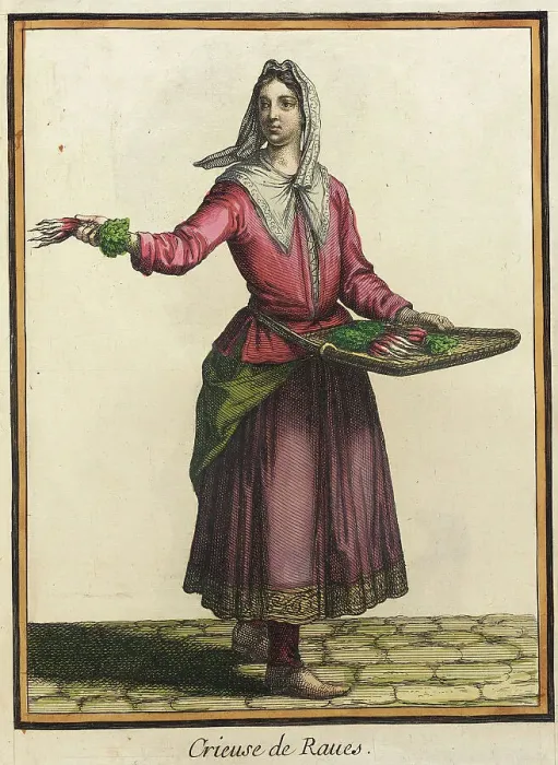 Framed Print : Recueil des modes de la cour de France, Crieuse de Raues, Bound 1703-1704. Creator: Henri Bonnart Framed Print : Recueil des modes de la cour de France, Crieuse de Raues, Bound 1703-1704. Creator: Henri Bonnart