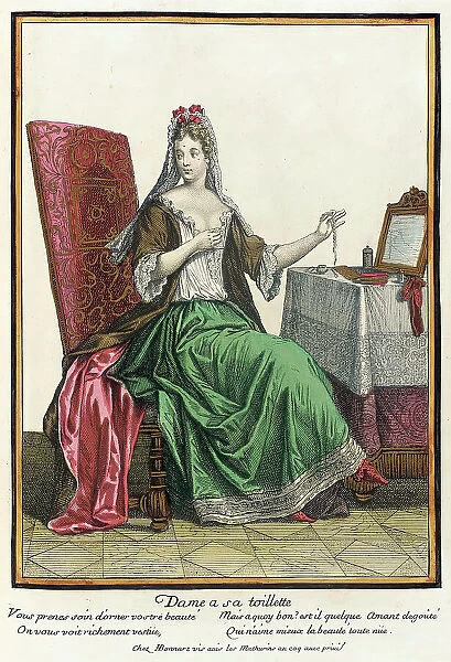 Recueil des modes de la cour de France, Dame a sa Toilette, 1687, bound 1703-1704. Creator: Henri Bonnart