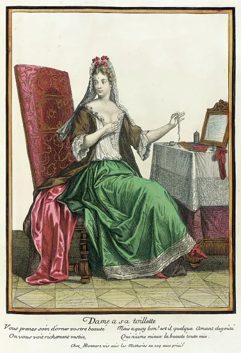 Framed Print : Recueil des modes de la cour de France, Dame a sa Toilette, 1687, bound 1703-1704. Creator: Henri Bonnart Framed Print : Recueil des modes de la cour de France, Dame a sa Toilette, 1687, bound 1703-1704. Creator: Henri Bonnart