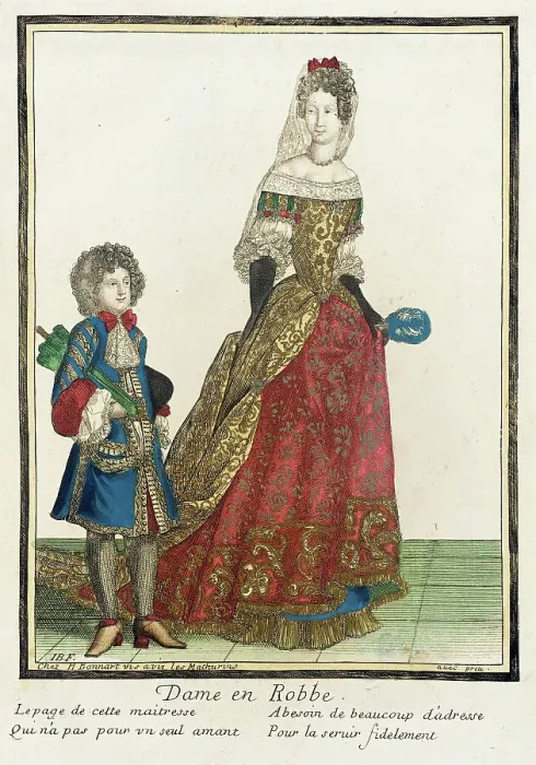 Framed Print : Recueil des modes de la cour de France, Dame en Robbe, Bound 1703-1704. Creators: Henri Bonnart, Jean-Baptiste Bonnart Framed Print : Recueil des modes de la cour de France, Dame en Robbe, Bound 1703-1704. Creators: Henri Bonnart, Jean-Baptiste Bonnart