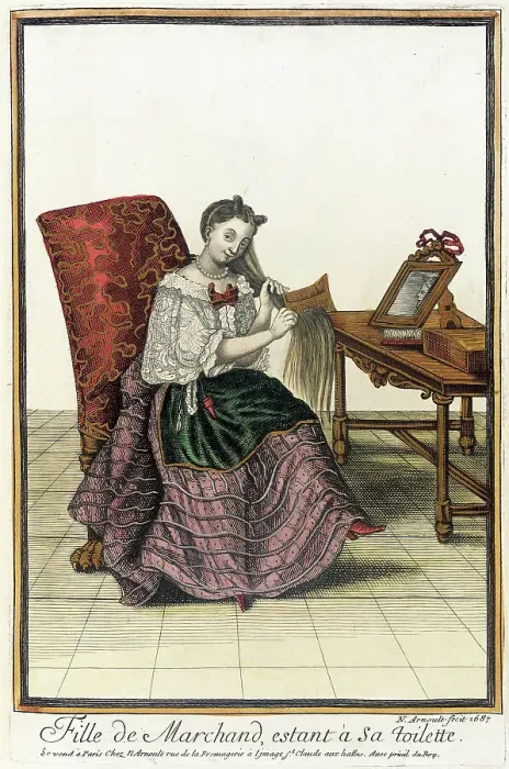 Framed Print : Recueil des modes de la cour de France, Fille de Marchand, estant à Sa Toilette, 1687. Creator: Nicolas Arnoult Framed Print : Recueil des modes de la cour de France, Fille de Marchand, estant à Sa Toilette, 1687. Creator: Nicolas Arnoult