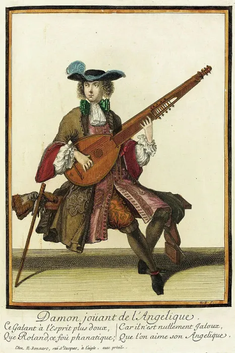 Framed Print : Recueil des modes de la cour de France, Damon joüant de l'Angelique, between c1686 and c1690. Creator: Nicolas Bonnart Framed Print : Recueil des modes de la cour de France, Damon joüant de l'Angelique, between c1686 and c1690. Creator: Nicolas Bonnart