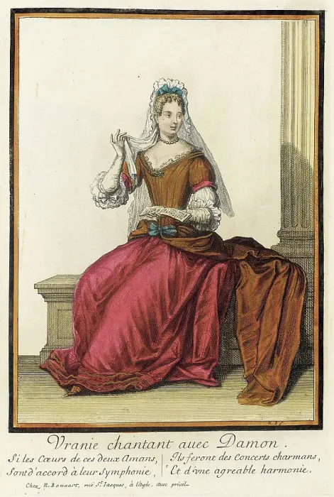 Framed Print : Recueil des modes de la cour de France, Vranie Chantant avec Damon, between c1682 and c1686. Creator: Nicolas Bonnart Framed Print : Recueil des modes de la cour de France, Vranie Chantant avec Damon, between c1682 and c1686. Creator: Nicolas Bonnart