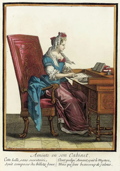 Framed Print : Recueil des modes de la cour de France, Aminte en son Cabinet, between circa 1678 and circa 1693. Creator: Nicolas Bonnart Framed Print : Recueil des modes de la cour de France, Aminte en son Cabinet, between circa 1678 and circa 1693. Creator: Nicolas Bonnart