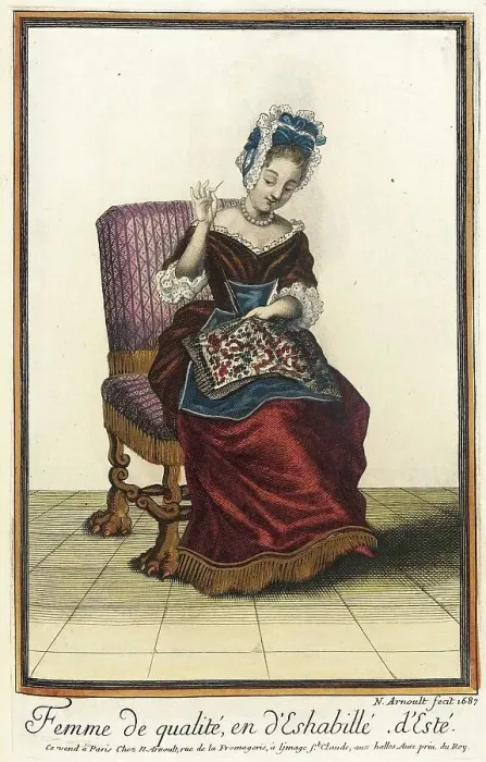 Framed Print : Recueil des modes de la cour de France, Femme de Qualité, en d'Eshabillé d'Esté, 1687. Creator: Nicolas Arnoult Framed Print : Recueil des modes de la cour de France, Femme de Qualité, en d'Eshabillé d'Esté, 1687. Creator: Nicolas Arnoult
