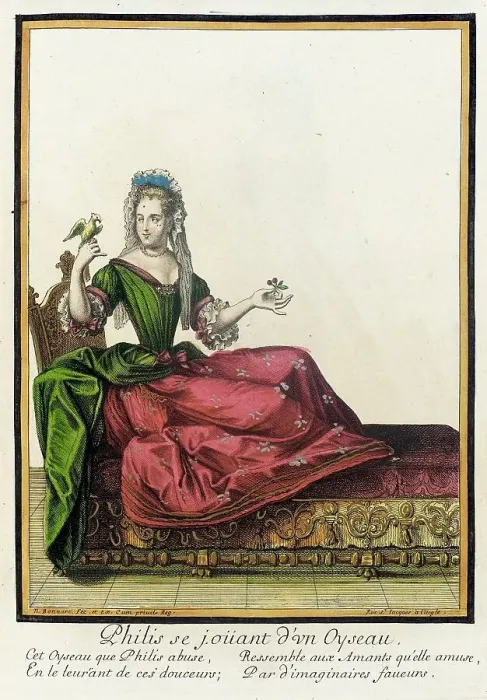 Framed Print : Recueil des modes de la cour de France, Philis se Joüant d'un Oyseau, between c1682 and c1686. Creator: Nicolas Bonnart Framed Print : Recueil des modes de la cour de France, Philis se Joüant d'un Oyseau, between c1682 and c1686. Creator: Nicolas Bonnart