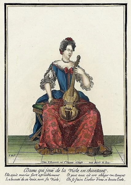 Recueil des modes de la cour de France, Dame qui Jouë de la Viole... between c1682 and c1686. Creator: Nicolas Bonnart