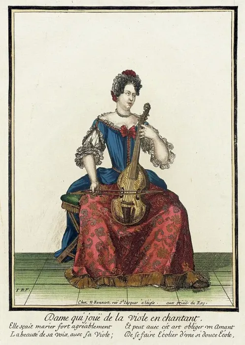 Framed Print : Recueil des modes de la cour de France, Dame qui Jouë de la Viole... between c1682 and c1686. Creator: Nicolas Bonnart Framed Print : Recueil des modes de la cour de France, Dame qui Jouë de la Viole... between c1682 and c1686. Creator: Nicolas Bonnart