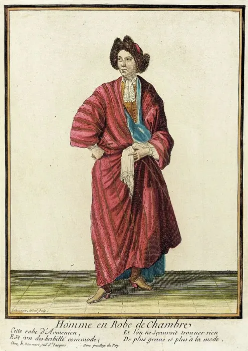 Framed Print : Recueil des modes de la cour de France, Homme en Robe de Chambre, 1676. Creators: Nicolas Bonnart, Jean-Baptiste Bonnart Framed Print : Recueil des modes de la cour de France, Homme en Robe de Chambre, 1676. Creators: Nicolas Bonnart, Jean-Baptiste Bonnart