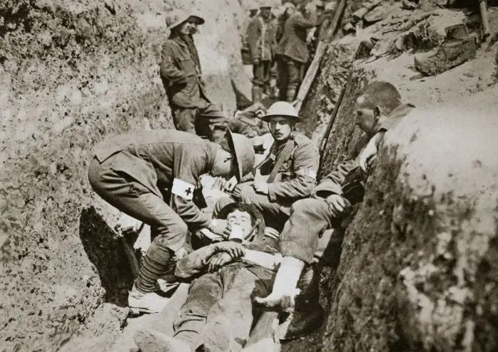 Framed Print : Red Cross men in the trenches tend a wounded man, Somme campaign, France, World War I, 1916 Framed Print : Red Cross men in the trenches tend a wounded man, Somme campaign, France, World War I, 1916