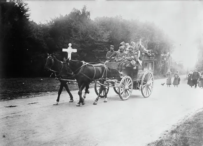 Framed Print : Red Cross Transport in Forest of Laigle (i.e. Laigne), 1914. Creator: Bain News Service Framed Print : Red Cross Transport in Forest of Laigle (i.e. Laigne), 1914. Creator: Bain News Service