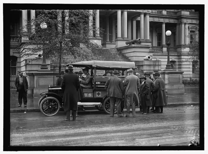 Framed Print : Red Cross vehicle at State Department, between 1916 and 1918. Creator: Harris & Ewing. Red Cross vehicle at State Department, between 1916 and 1918. Creator: Harris & Ewing Framed Print : Red Cross vehicle at State Department, between 1916 and 1918. Creator: Harris & Ewing. Red Cross vehicle at State Department, between 1916 and 1918. Creator: Harris & Ewing