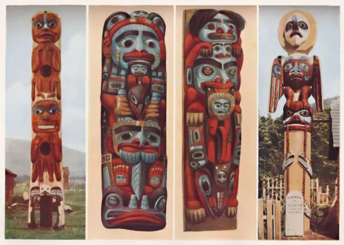 Framed Print : Red Indian Sagas Told in Carved and Painted Wood, c1935 Framed Print : Red Indian Sagas Told in Carved and Painted Wood, c1935