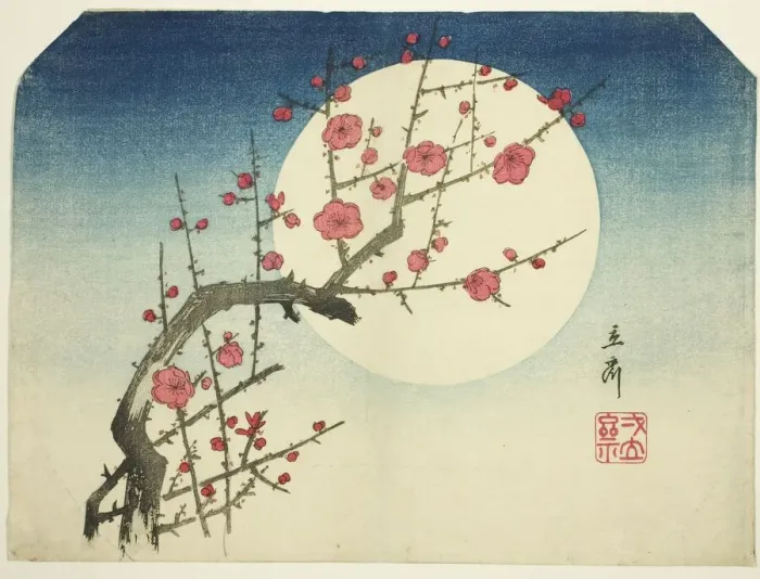 Framed Print : A Red Plum Branch against the Summer Moon, c. mid-1840s. Creator: Ando Hiroshige Framed Print : A Red Plum Branch against the Summer Moon, c. mid-1840s. Creator: Ando Hiroshige